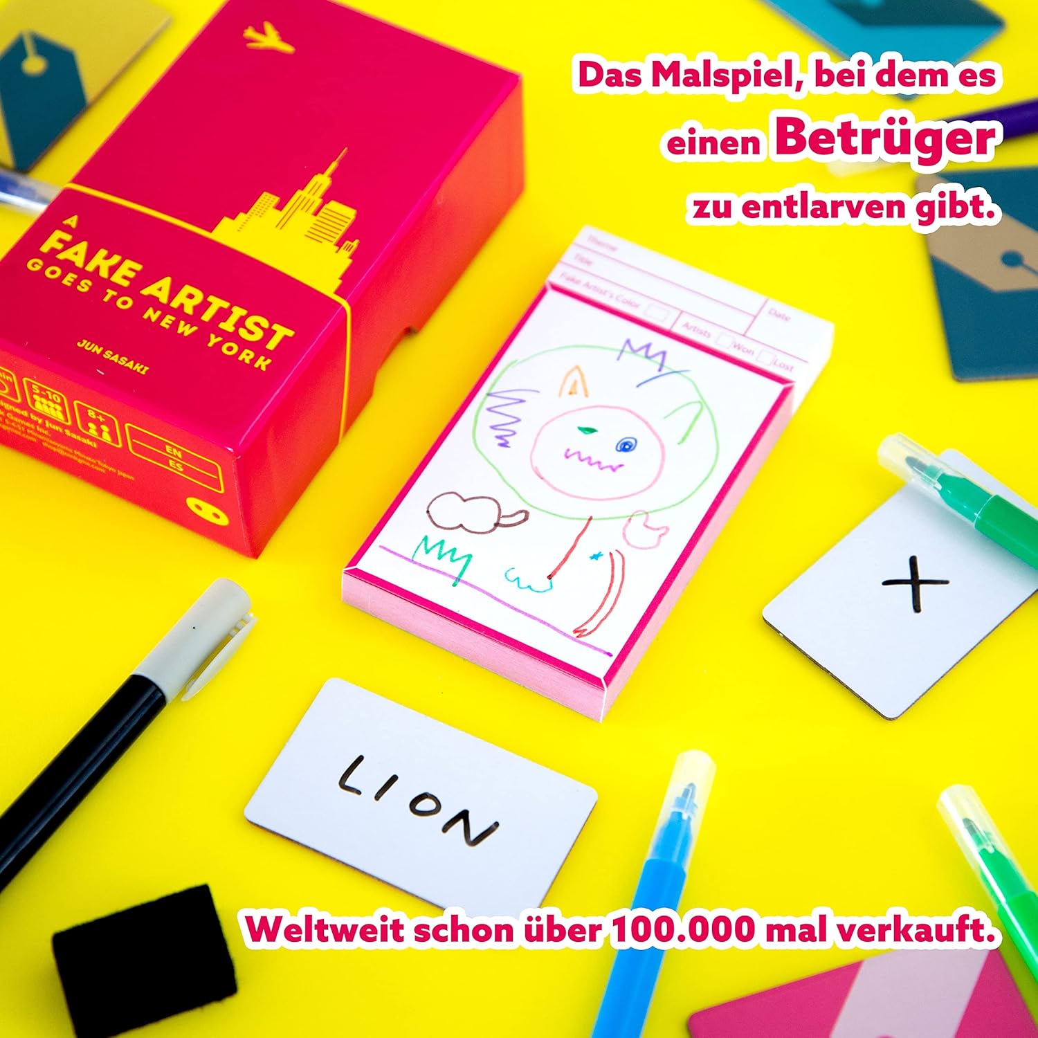 Board game components including cards, markers, and a box on a yellow background with text.