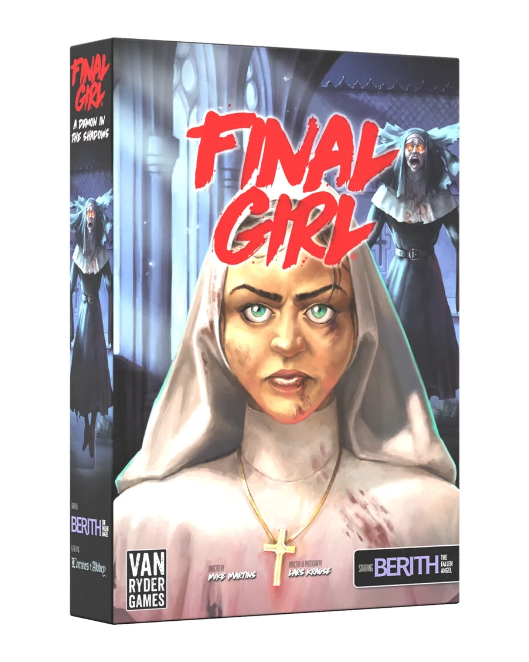 Final Girl: A Demon in the Shadows board game box cover art of a Nun with blood stains on her robe.