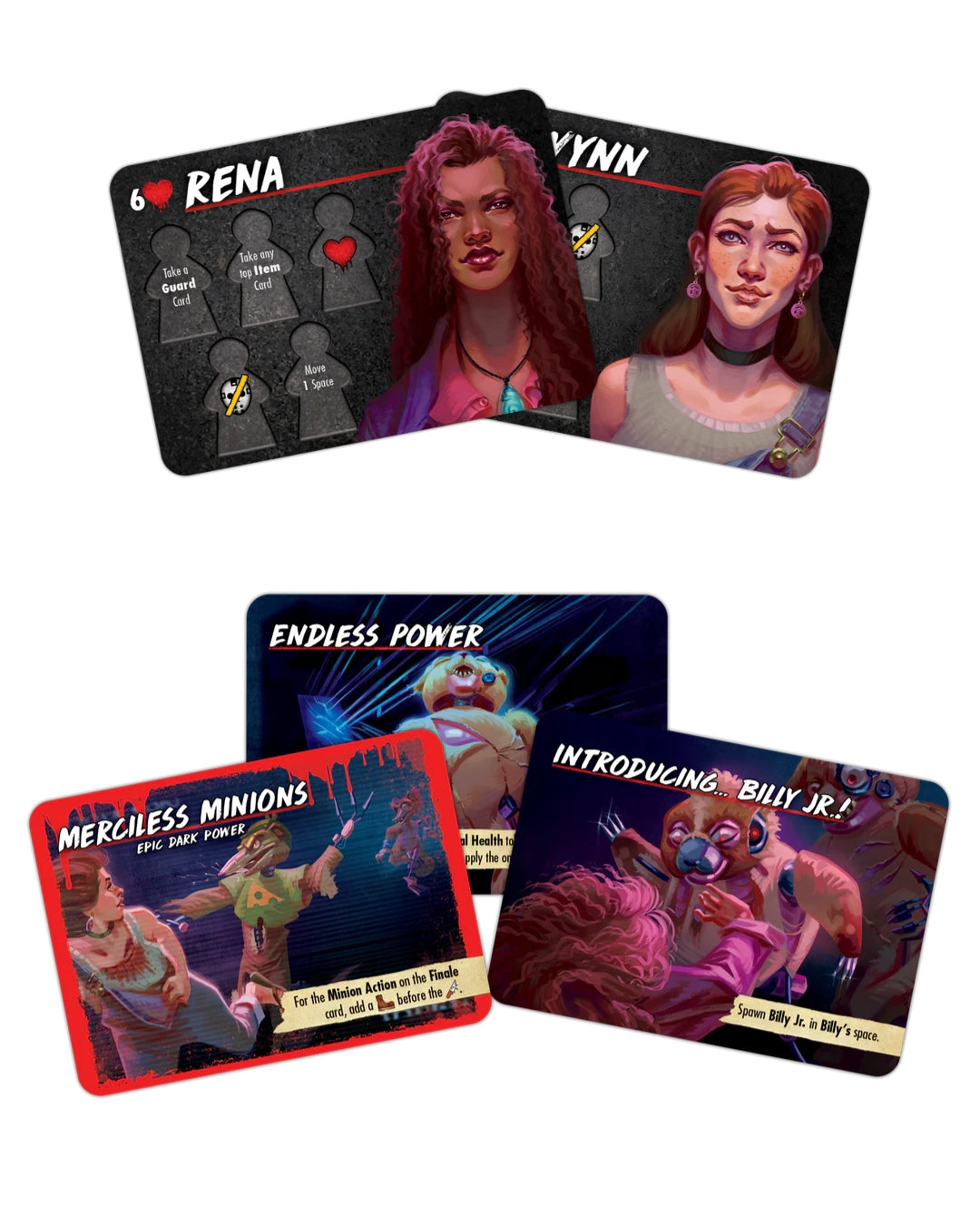 Four illustrated game cards for Final Girl: Bad Times at Buddyland arranged on a plain white background. The cards feature stylised character portraits and text such as 'RENA,' 'LYNN,' 'ENDLESS POWER,' 'MERCiless MINIONS,' and 'INTRODUCING BILLY JR.