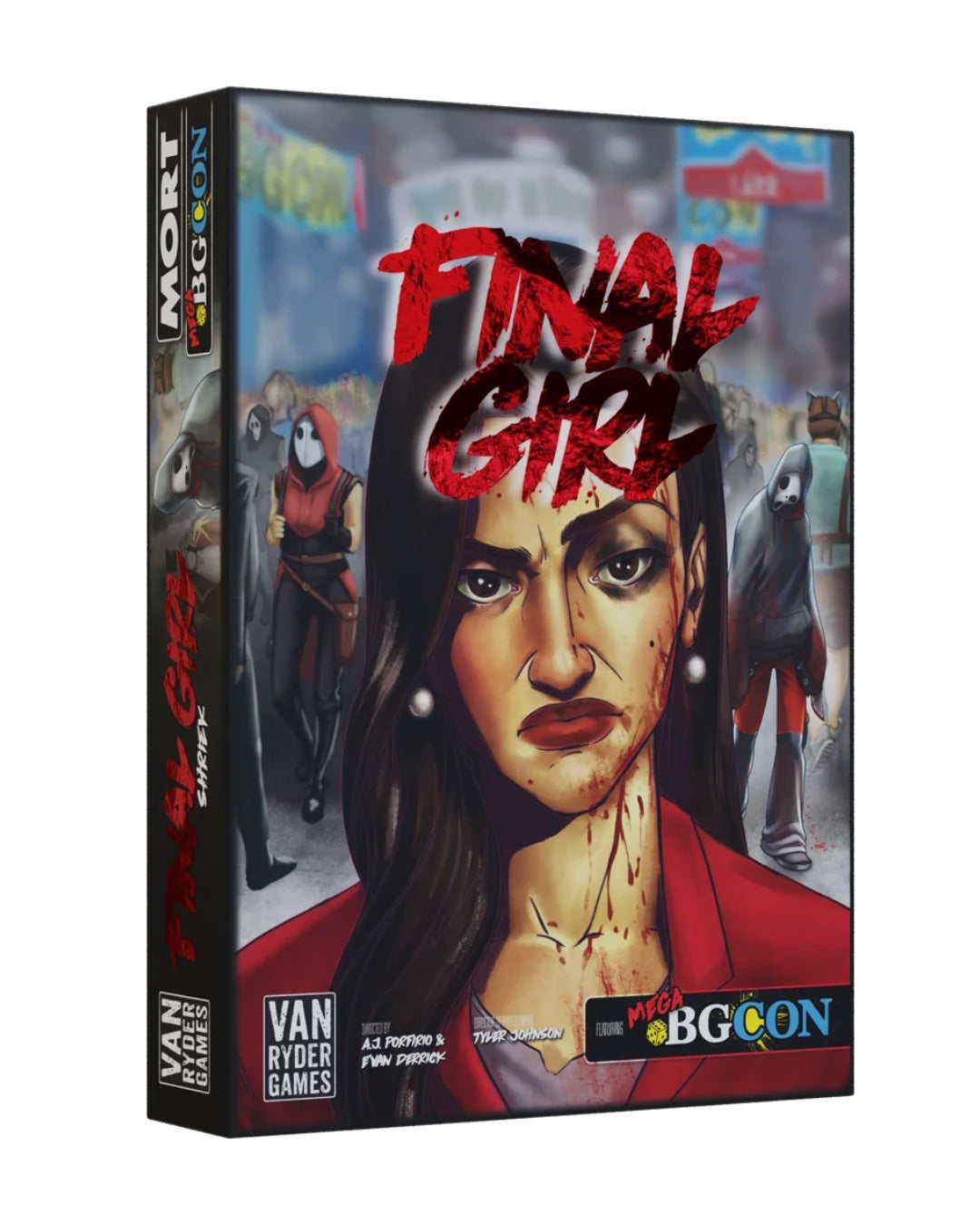 The board game box for 'Final Girl', published by Van Ryder Games. The box features a stylised illustration of a woman with black hair and a bloody face, surrounded by zombies, with the title 'Final Girl' written in large red letters.