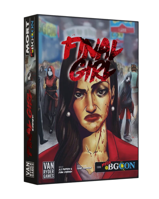 The board game box for 'Final Girl', published by Van Ryder Games. The box features a stylised illustration of a woman with black hair and a bloody face, surrounded by zombies, with the title 'Final Girl' written in large red letters.