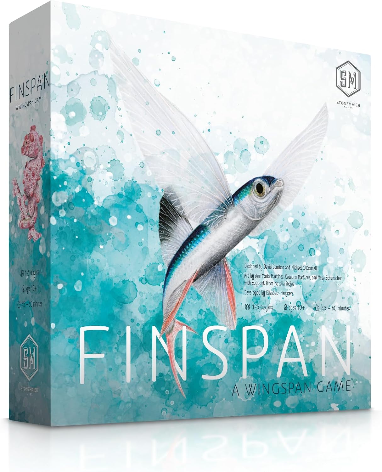 Board game box for 'Finspan' by Wingspan Games with a flying fish illustration on a blue and white background.