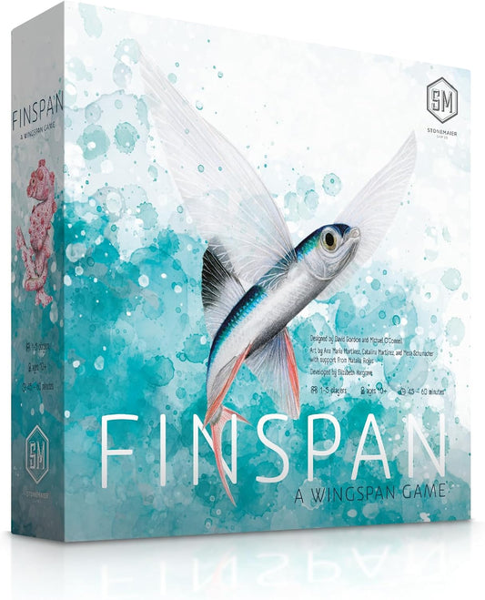 Board game box for 'Finspan' by Wingspan Games with a flying fish illustration on a blue and white background.