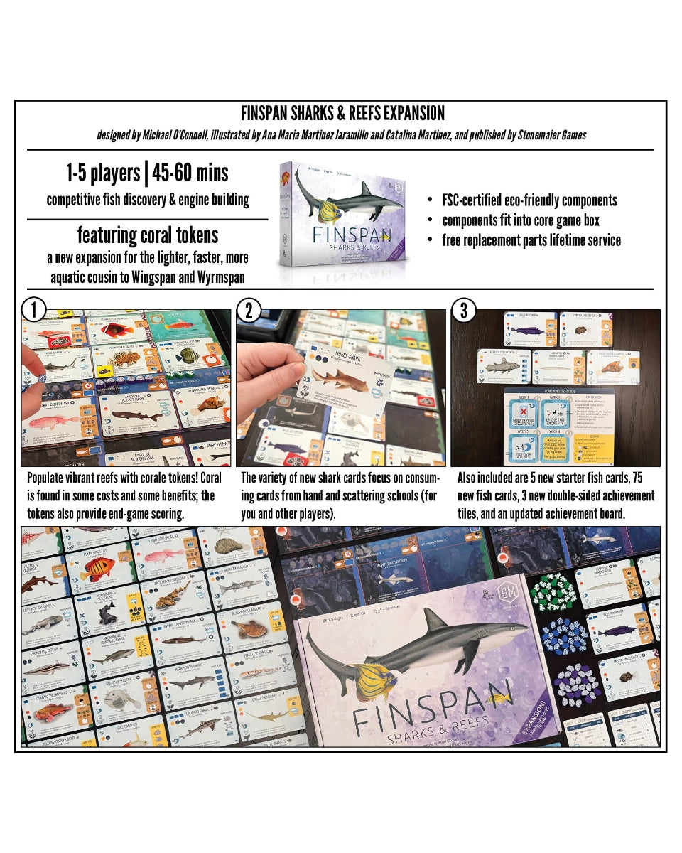 A promotional collage for the Finspan Sharks & Reefs Expansion deck set, showing the product box, multiple fish cards, a shark card, and a hand holding cards, with text describing the 1-5 player game and included components.