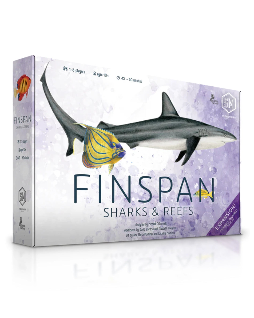 Finspan: Sharks & Reefs board game box shown at a three-quarter angle on a white background with a faint reflection. The box features a shark and tropical fish illustration with purple watercolor-style background details.