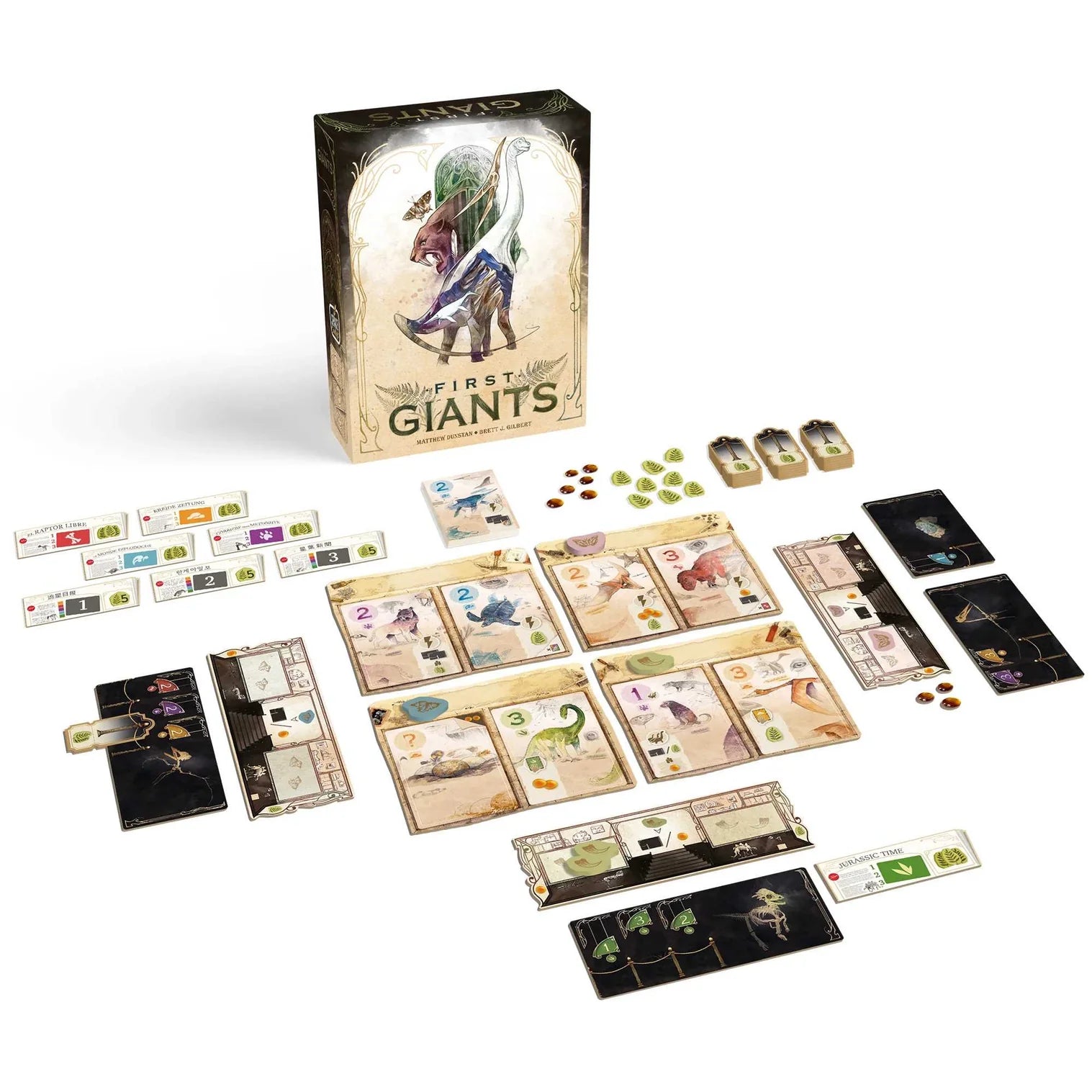 First Giants product packaging and all game components laid out on a white background