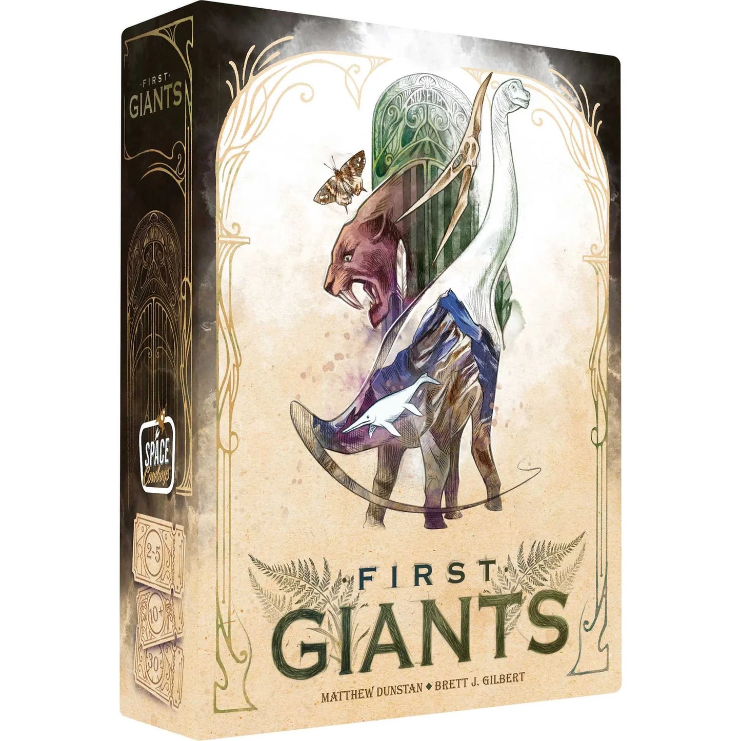 First Giants product packaging by space cowboys with dinosaur illustration and sabertooth tiger on a white background