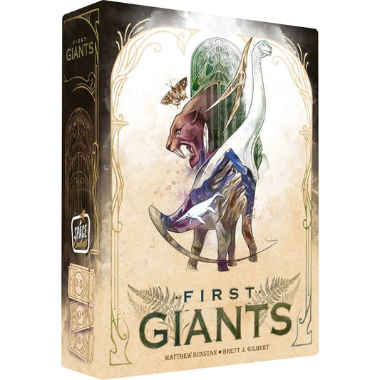 First Giants product packaging by space cowboys with dinosaur illustration and sabertooth tiger on a white background
