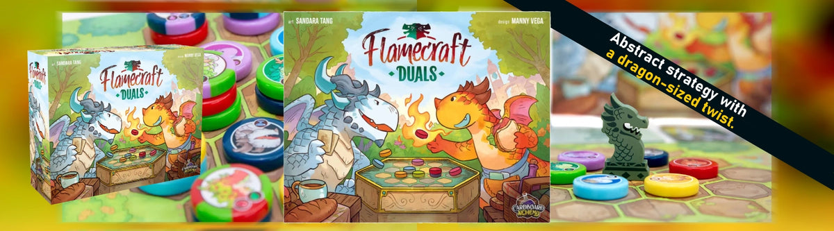 Flamecraft board game packaging with dragon illustrations and colourful components.