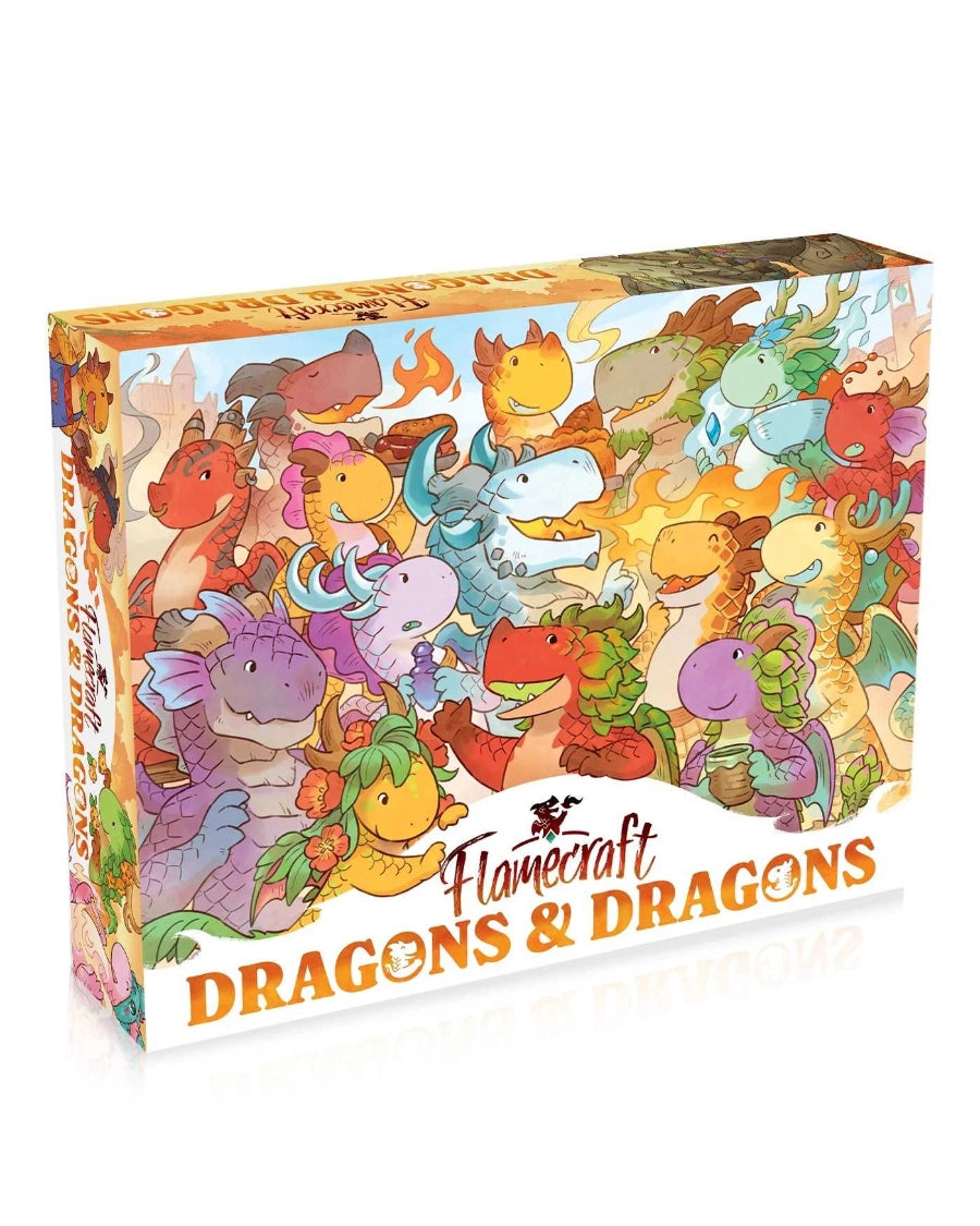 Box of 'Flamecraft Dragons & Dragons' with colourful dragon illustrations on a white background