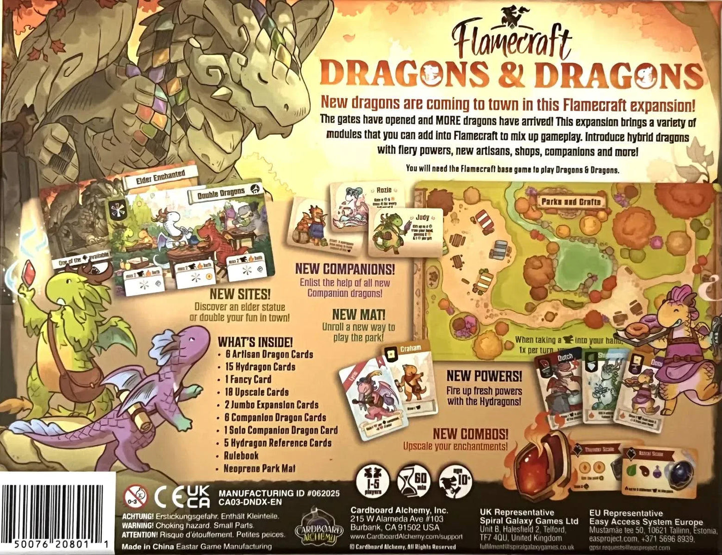 Flamecraft Dragons & Dragons game expansion packaging with dragons and game components.
