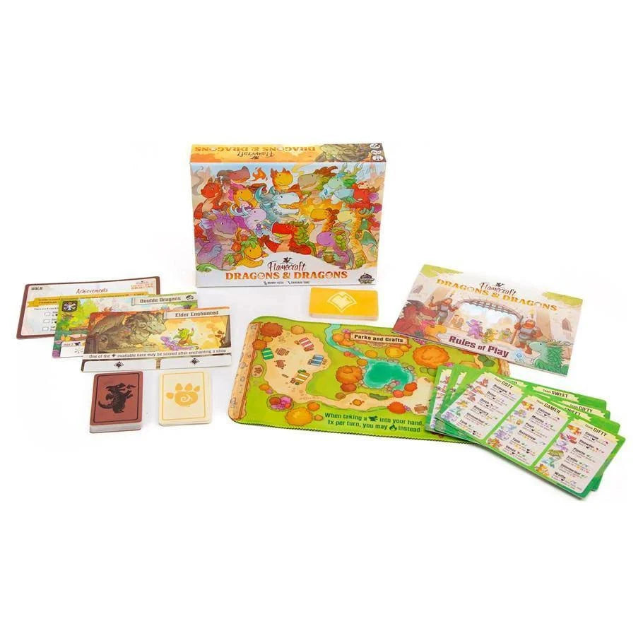 Flamecraft Dragons & Dragons Board game components, including cards, a map, and a box on a white background