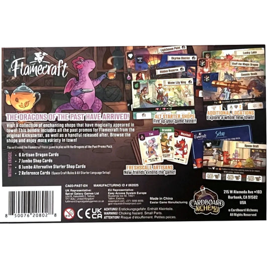 Back of Promo pack for 'Flamecraft Dragons of the Past' with a dragon illustration and various in-game cards