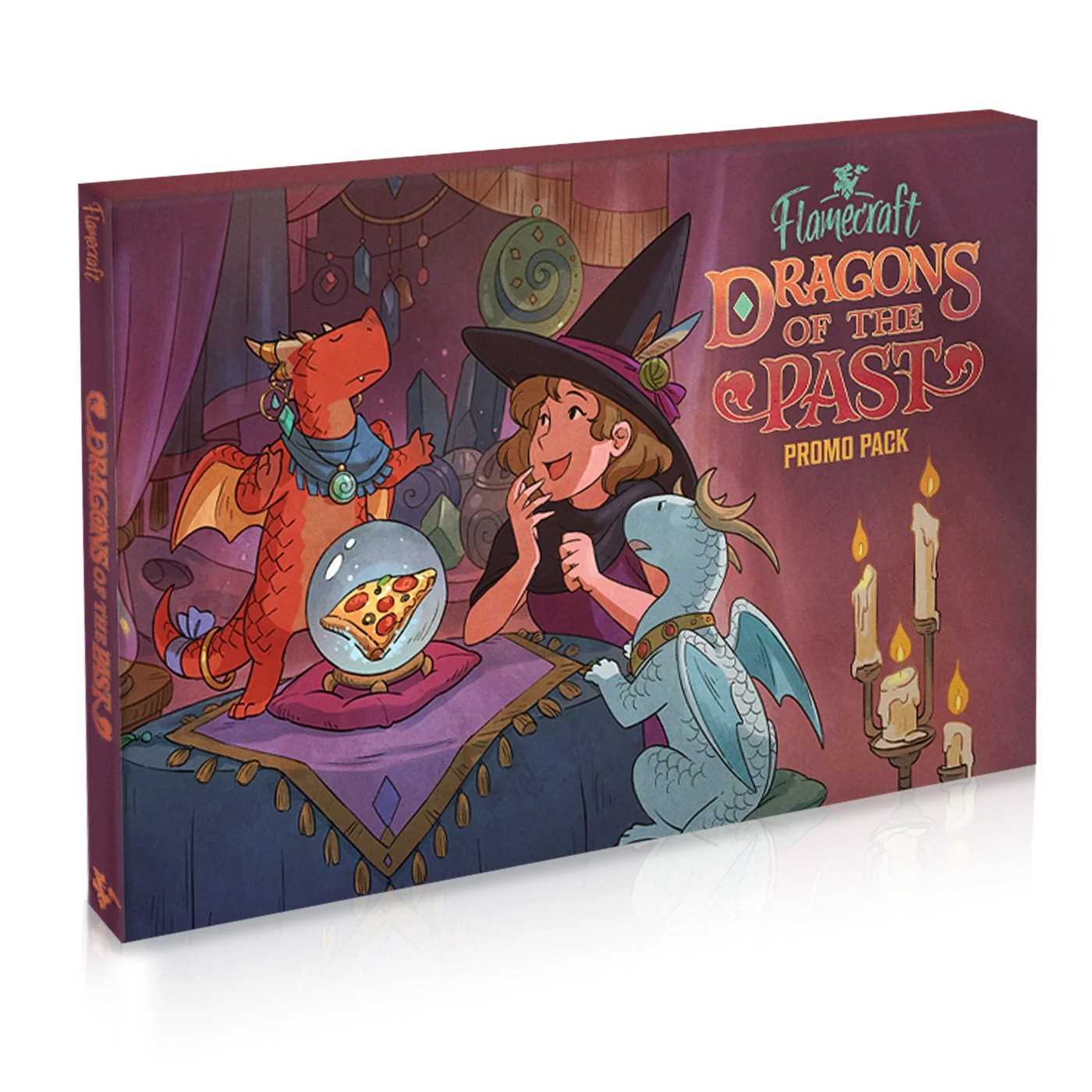 Promo pack for 'Flamecraft Dragons of the Past' with a witch and dragon illustration on a purple background