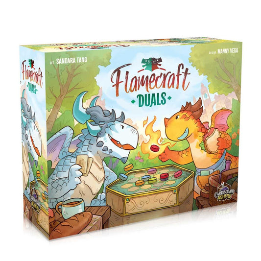 Board game box for 'Flamecraft Duels' featuring two dragons around a campfire.