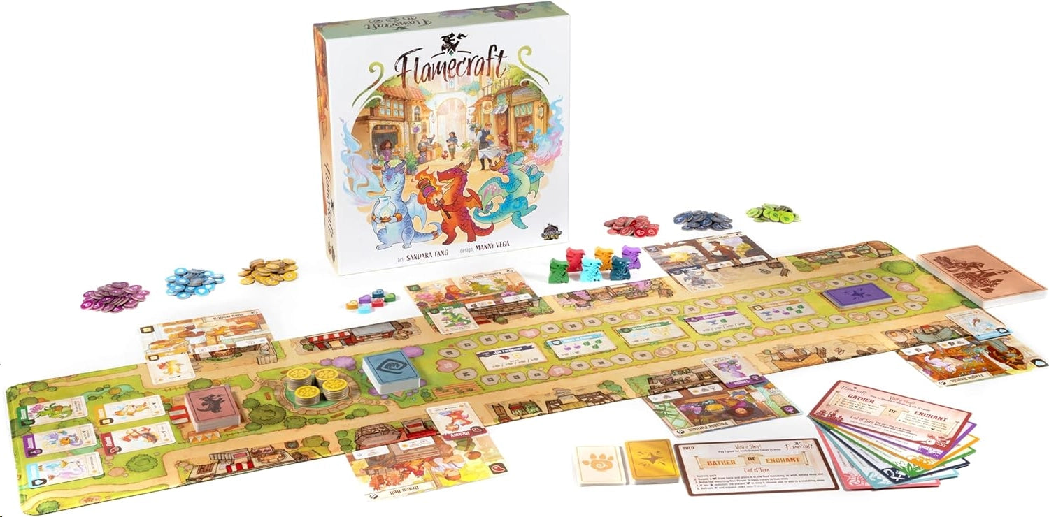 The board game Flamercraft with its illustrated box, a long printed board, cards, and colorful game pieces arranged on a plain white background.