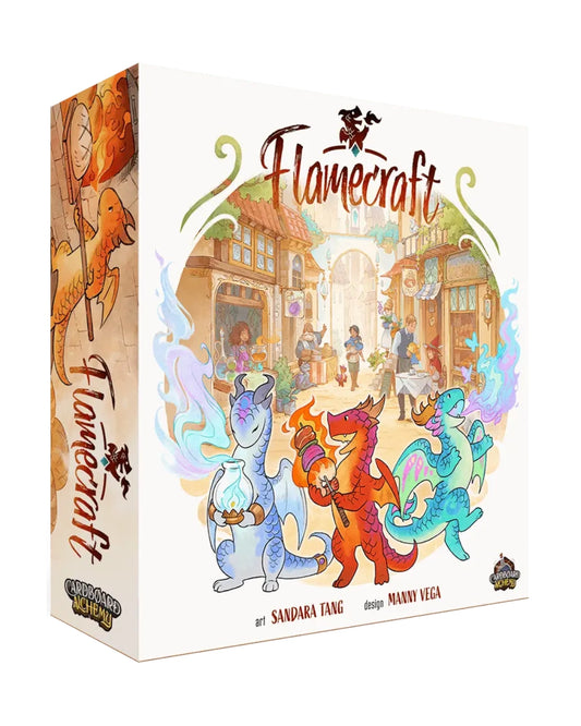 Flamecraft board game box with colorful fantasy dragon artwork on a white background.