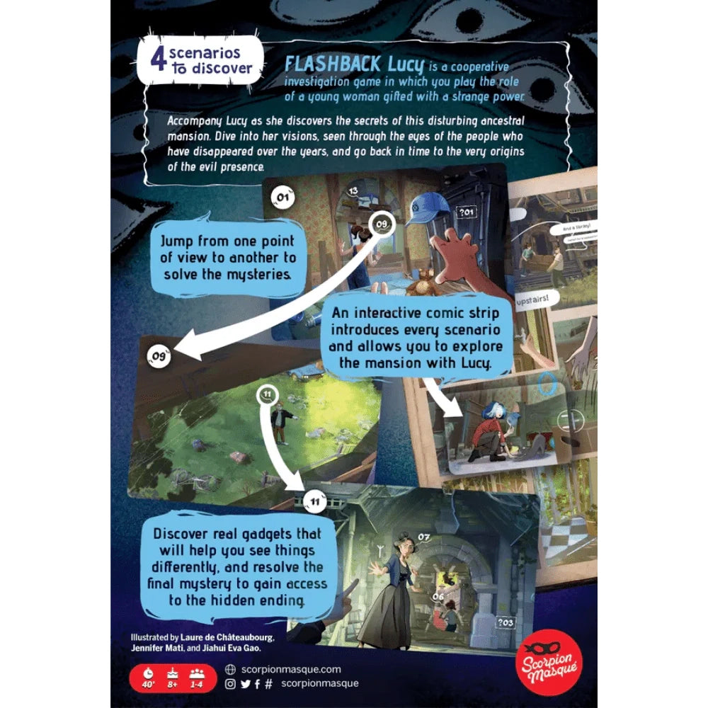 Game packaging for 'Flashback Lucy' with interactive elements and text.