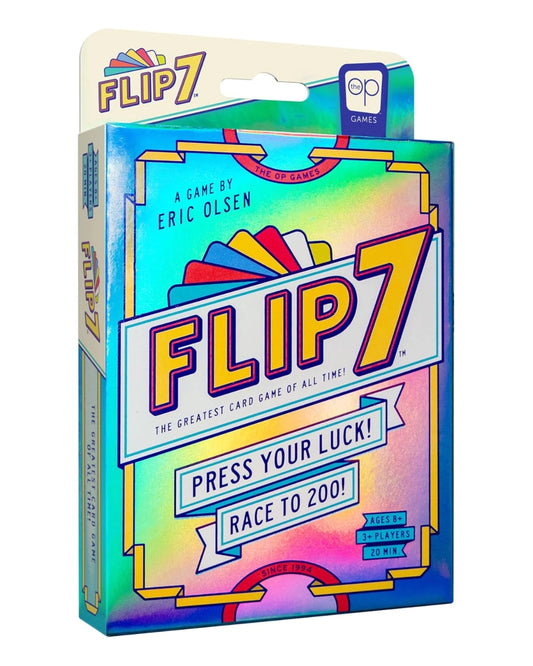 Flip 7 card game box by Eric Olsen, featuring a colourful holographic background with retro yellow and blue typography and illustrated card stacks.
