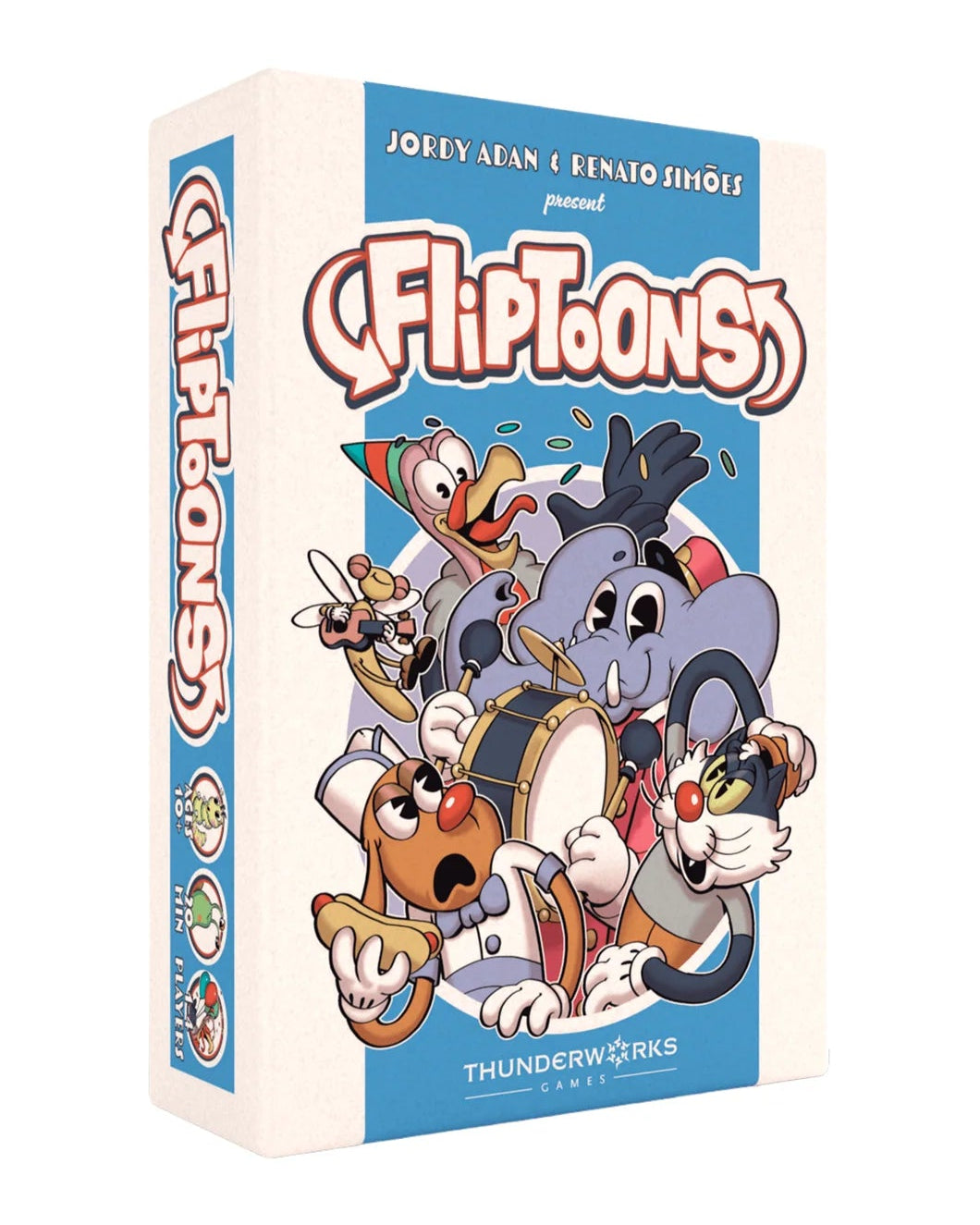 Cartoon character game box for Fliptoons, the card game on a white background