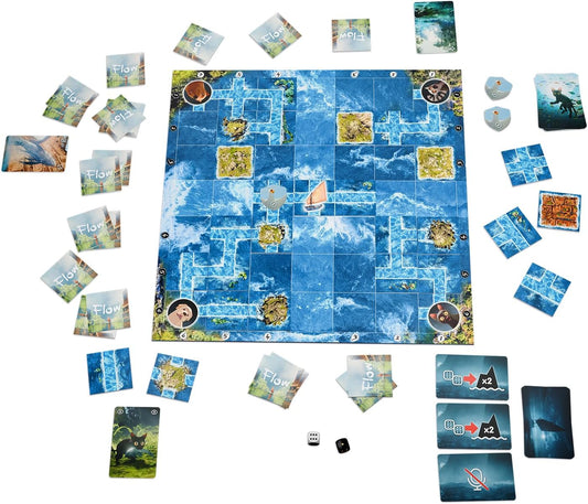 Flow the board game components laid out on a white background
