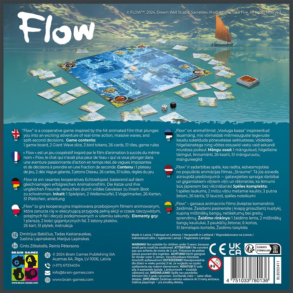 Flow the board game back of box/ with informative text