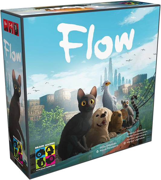 Flow the board game product packaging. with Flow the cat and friends are in a boat