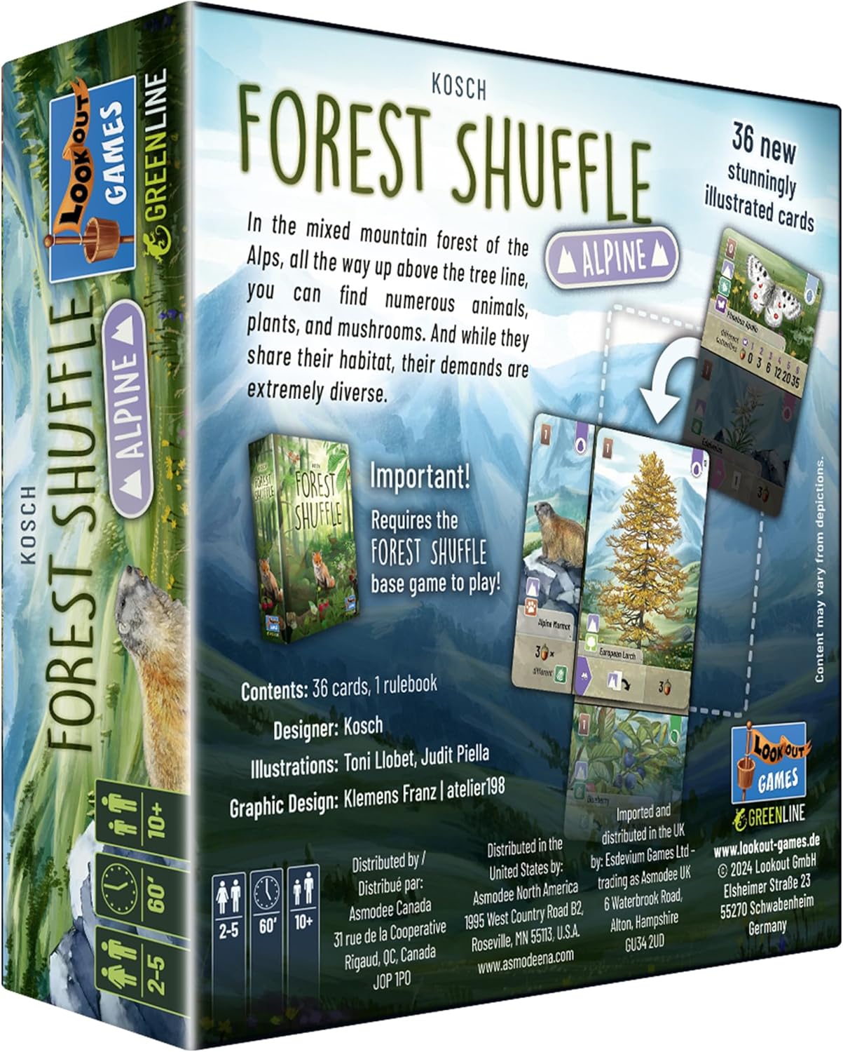 Box for 'Forest Shuffle' card game by Kosch Games with scenic illustrations and text.