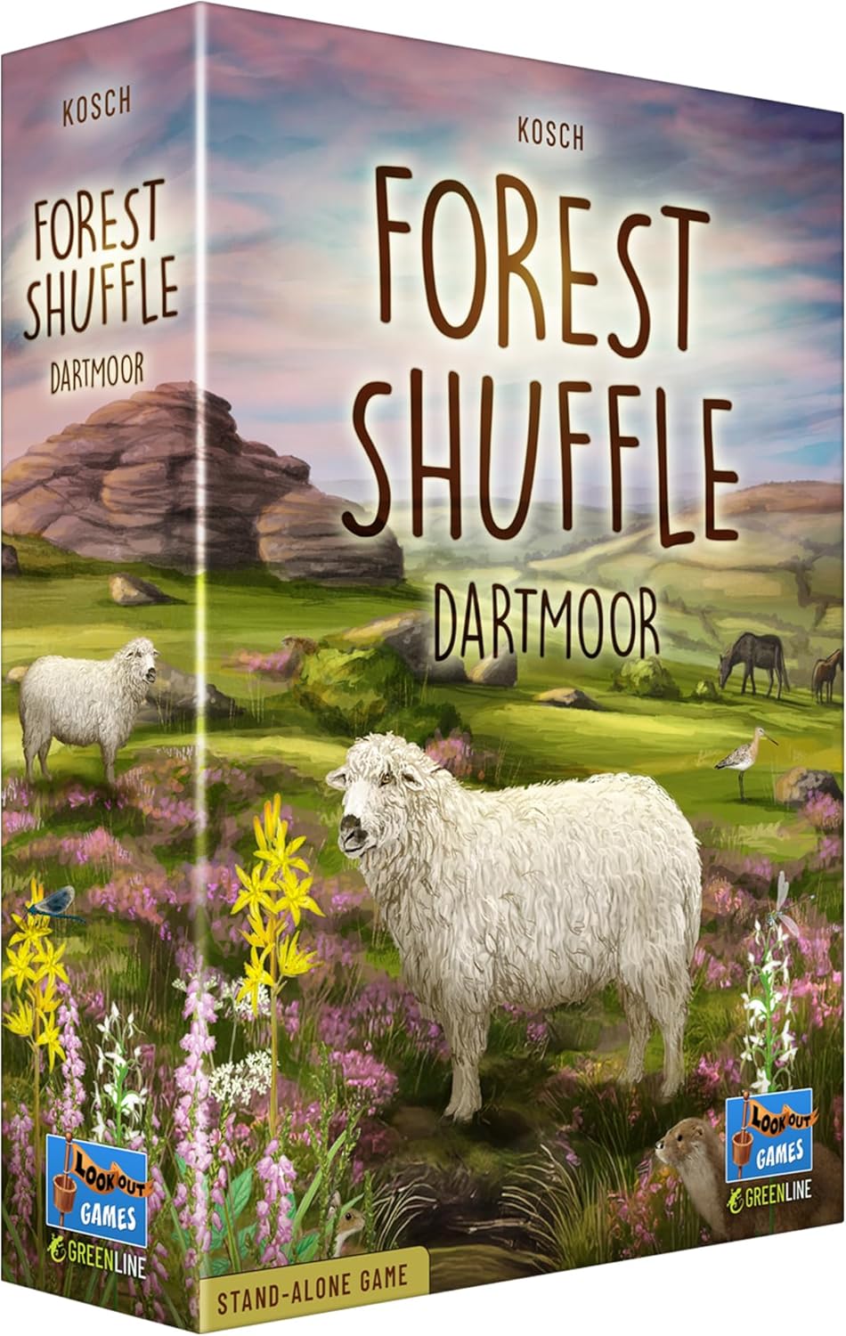 Board game box for 'Forest Shuffle Dartmoor' featuring sheep and nature scenery.