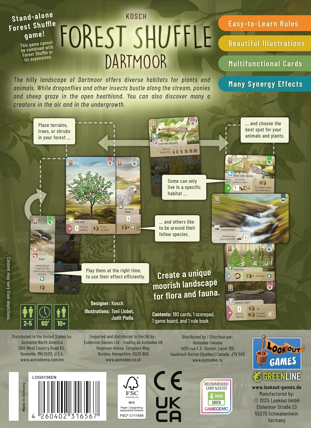 Back cover of a board game packaging titled 'Forest Shuffle Dartmoor' by Kosch, featuring game rules and illustrations.