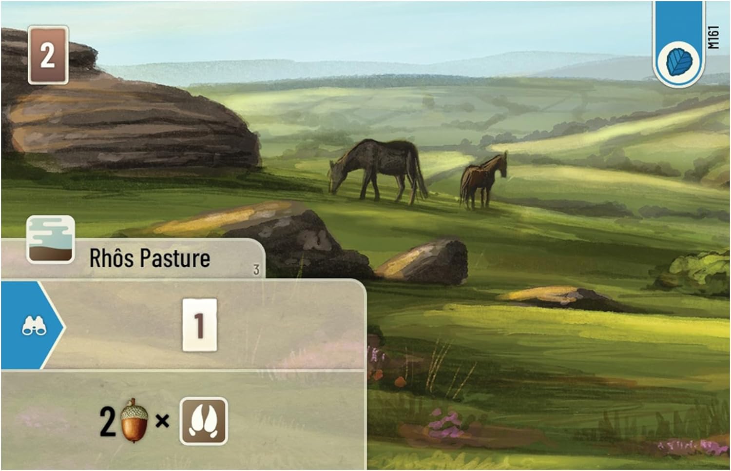 Game interface showing a landscape with horses and game controls.
