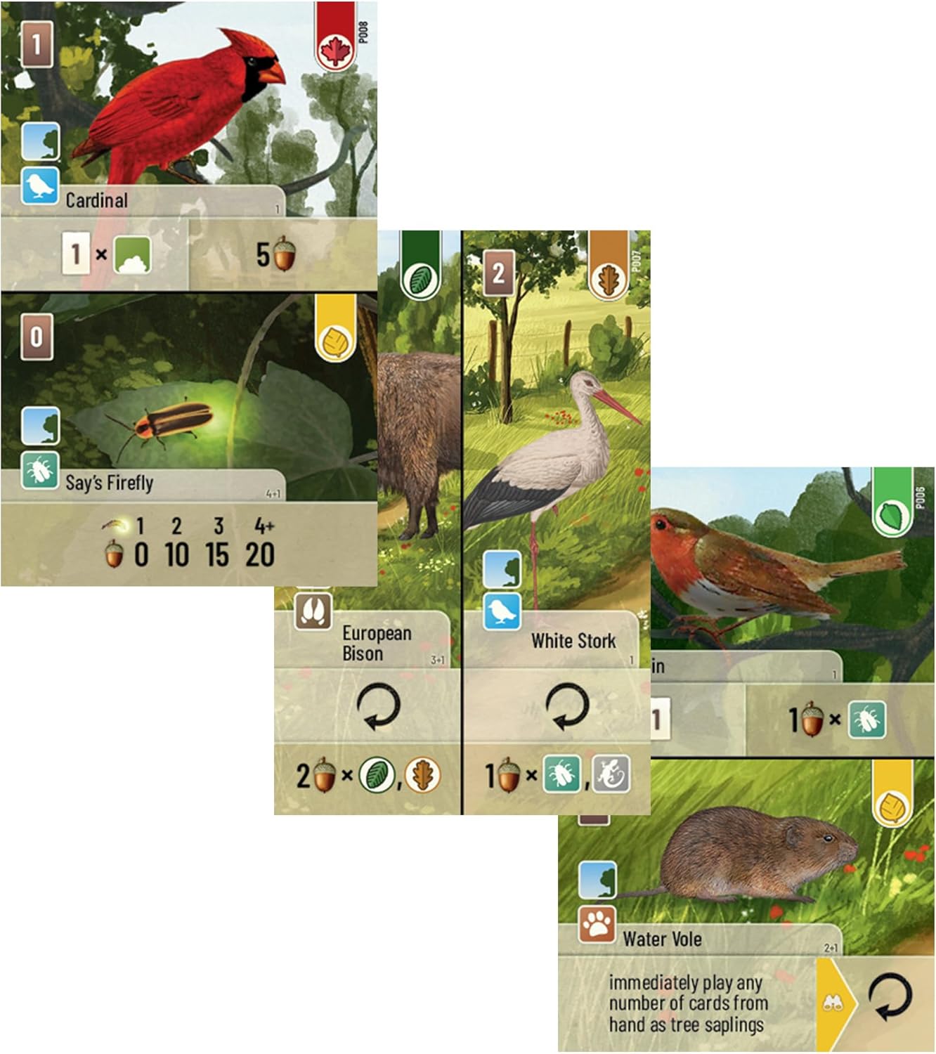 Collection of nature-themed cards with animals and plants on a white background