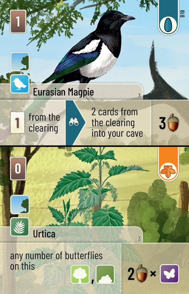 Card featuring an Eurasian Magpie with game interface elements and nature-themed graphics.