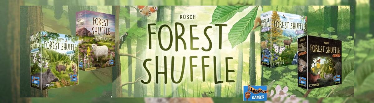 Board game packaging for 'Forest Shuffle' with game pieces and cards displayed on a green forest-themed background.