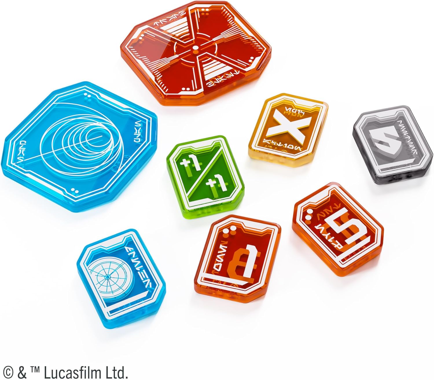 Star Wars: Unlimited - Premium Tokens PRO Expansion Pack showing colourful geometric tokens with various designs on a white background, featuring Lucasfilm branding.