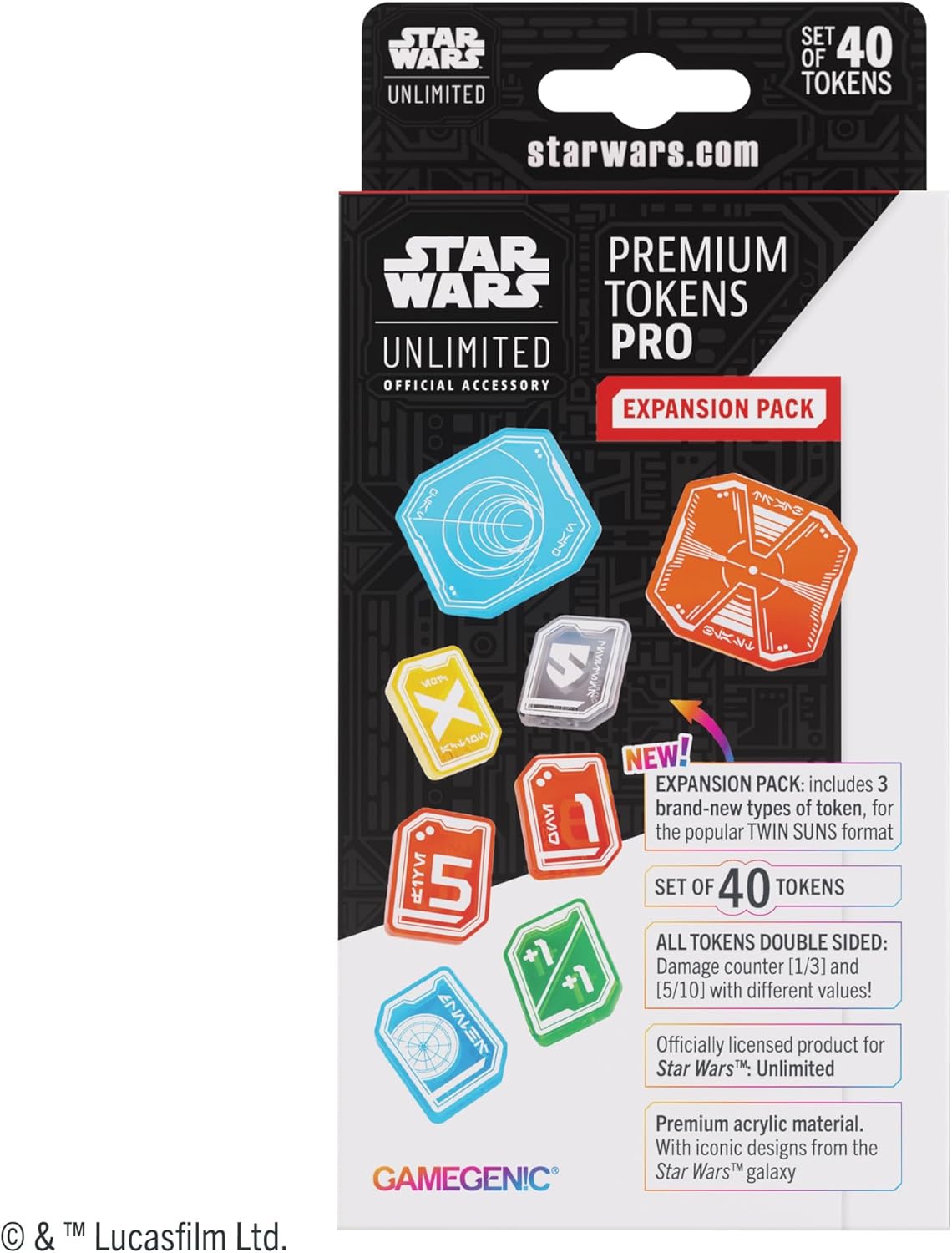 Star Wars Unlimited premium tokens pro expansion pack packaging with colorful tokens on a black background.