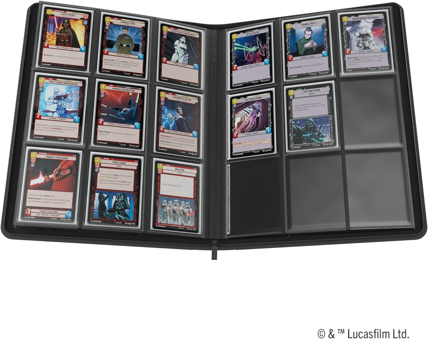 Star Wars: Unlimited Zip-Up Album 18-Pocket - Black, with collectible cards featuring Star Wars characters on a white background.
