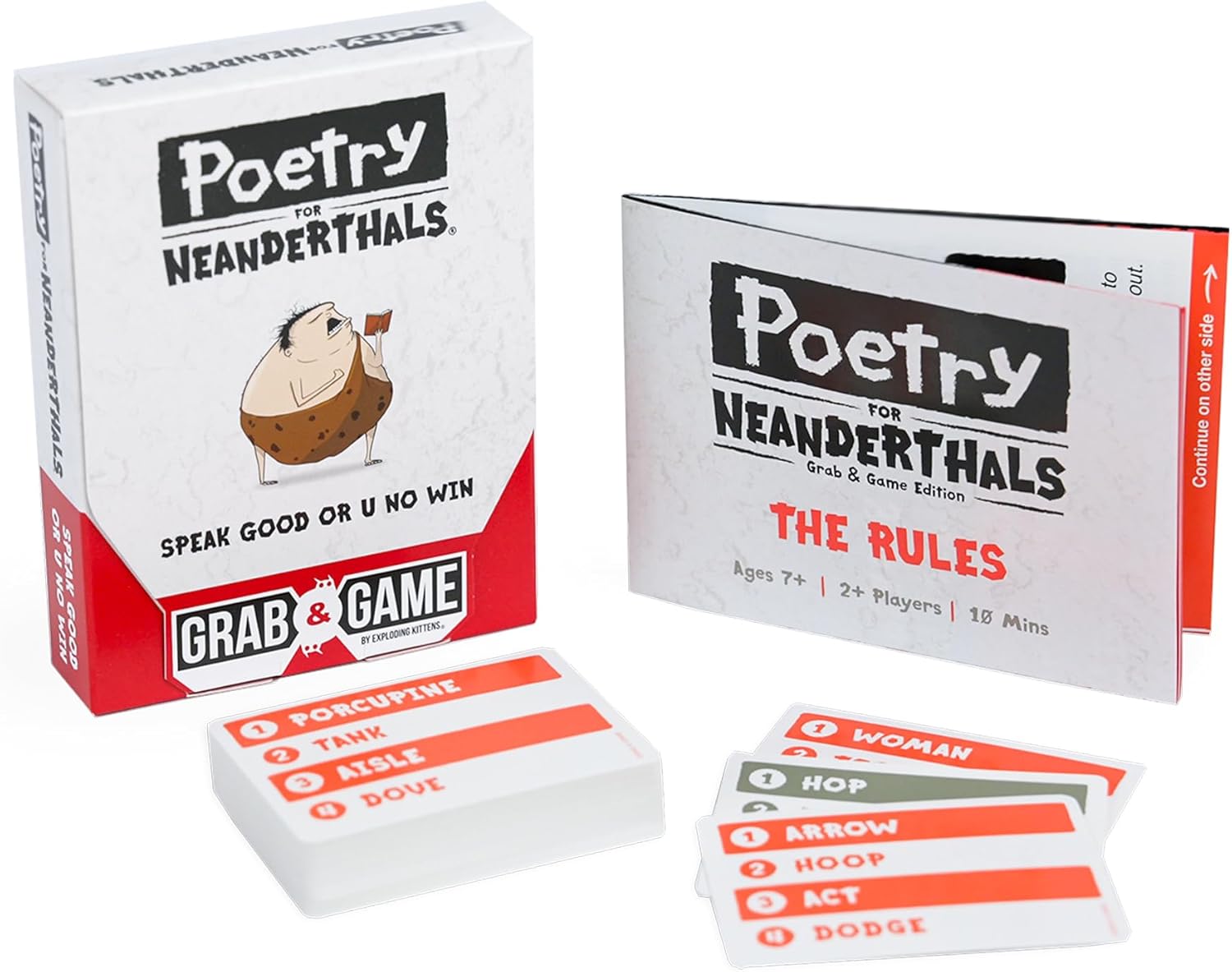 Card game set 'Poetry for Neanderthals' with rules booklet and cards on a white background