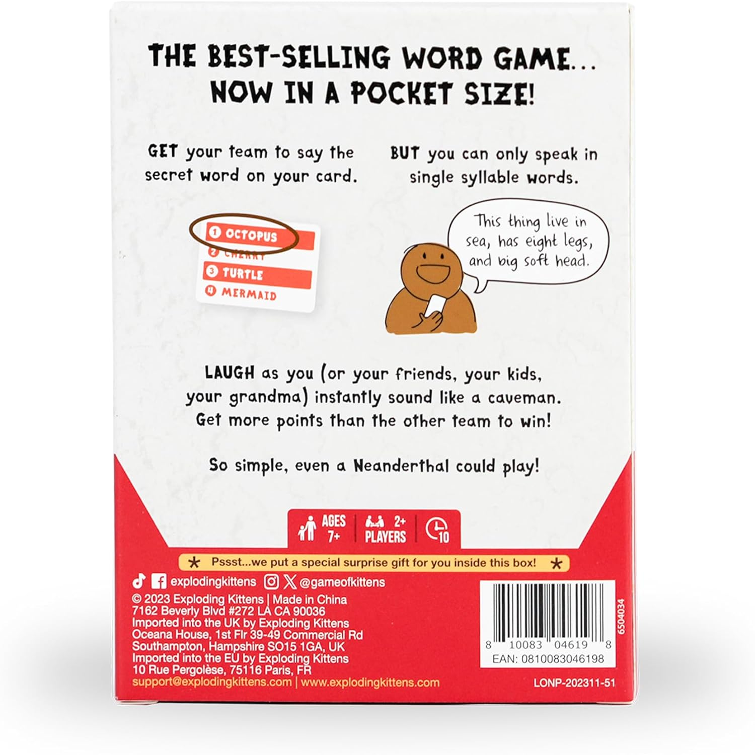 Back of a board game box with text and graphics, featuring a cartoon character and promotional text.