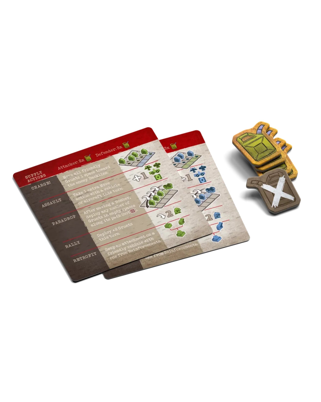 Gruntzn 
Board game components on a white background, including two informational cards with red and beige panels, and two small terrain tiles in green, yellow, and brown.