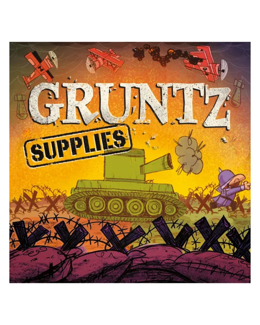 Gruntz Supplies poster-style artwork featuring a green tank, barbed wire, a small cartoon soldier, and large distressed text reading 'GRUNTZ SUPPLIES' on a yellow-orange background.