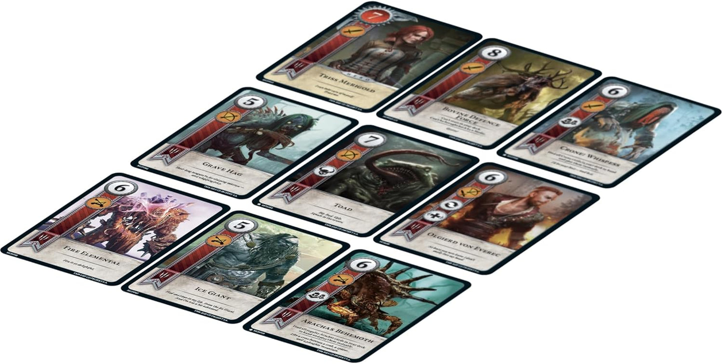 Gwent card game featuring characters from 'The Witcher' series set out on cards