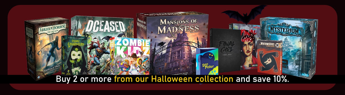 Promotional banner for a Halloween board game collection, featuring multiple boxed and boxed-set games including 'Arkham Horror', 'Dceased', 'Zombie Kidz', 'Mansions of Madness', 'Final Girl', and 'Mysterium'.