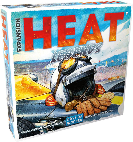Board game expansion box titled 'HEAT Legends' by Days of Wonder with a helmet and car illustration.