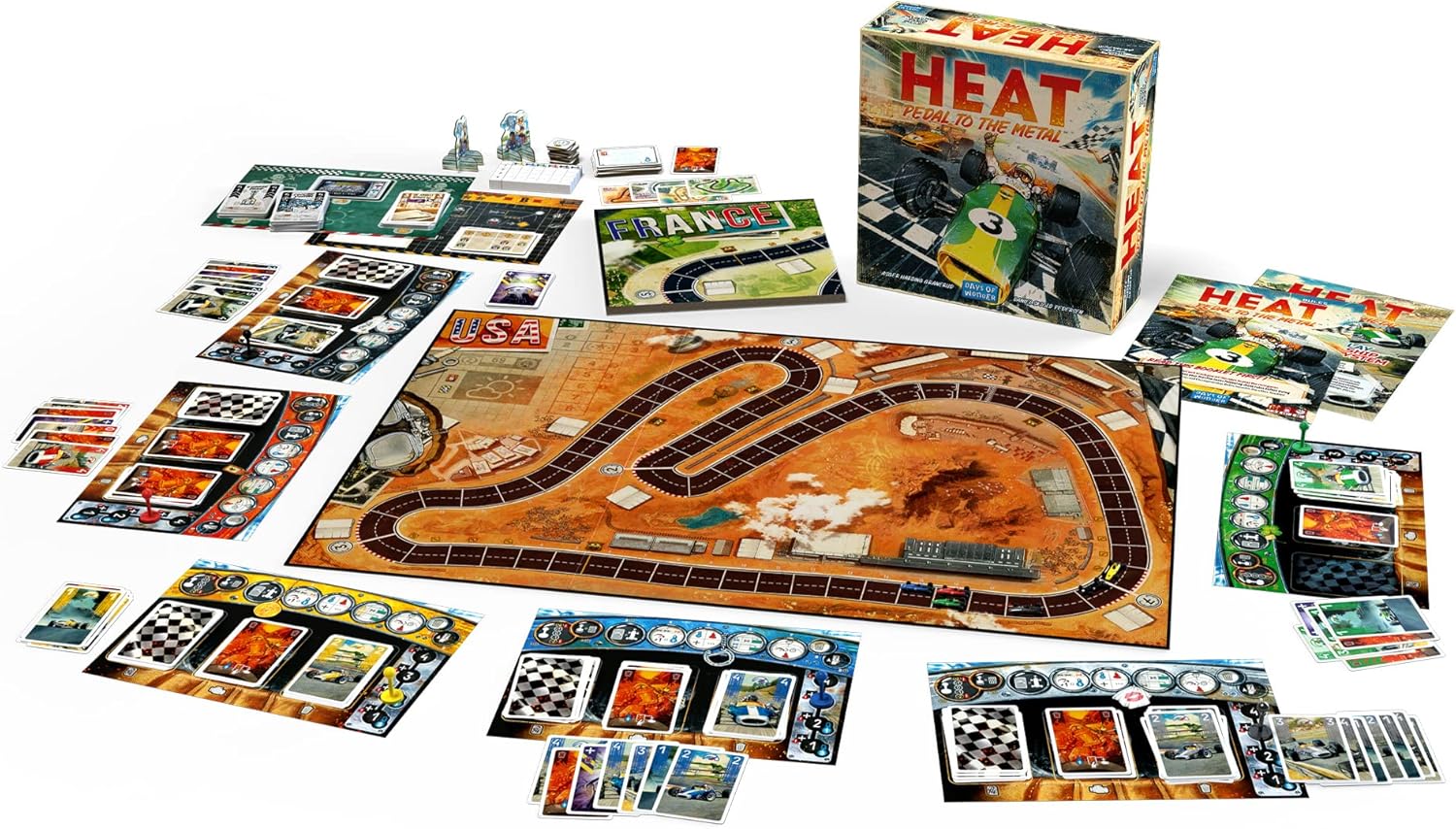 Board game set with 'HEAT' box and various game pieces on a white background