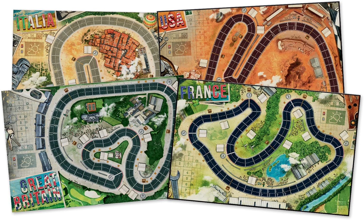 Four different board game maps of countries including Italy, USA, France, and Great Britain.