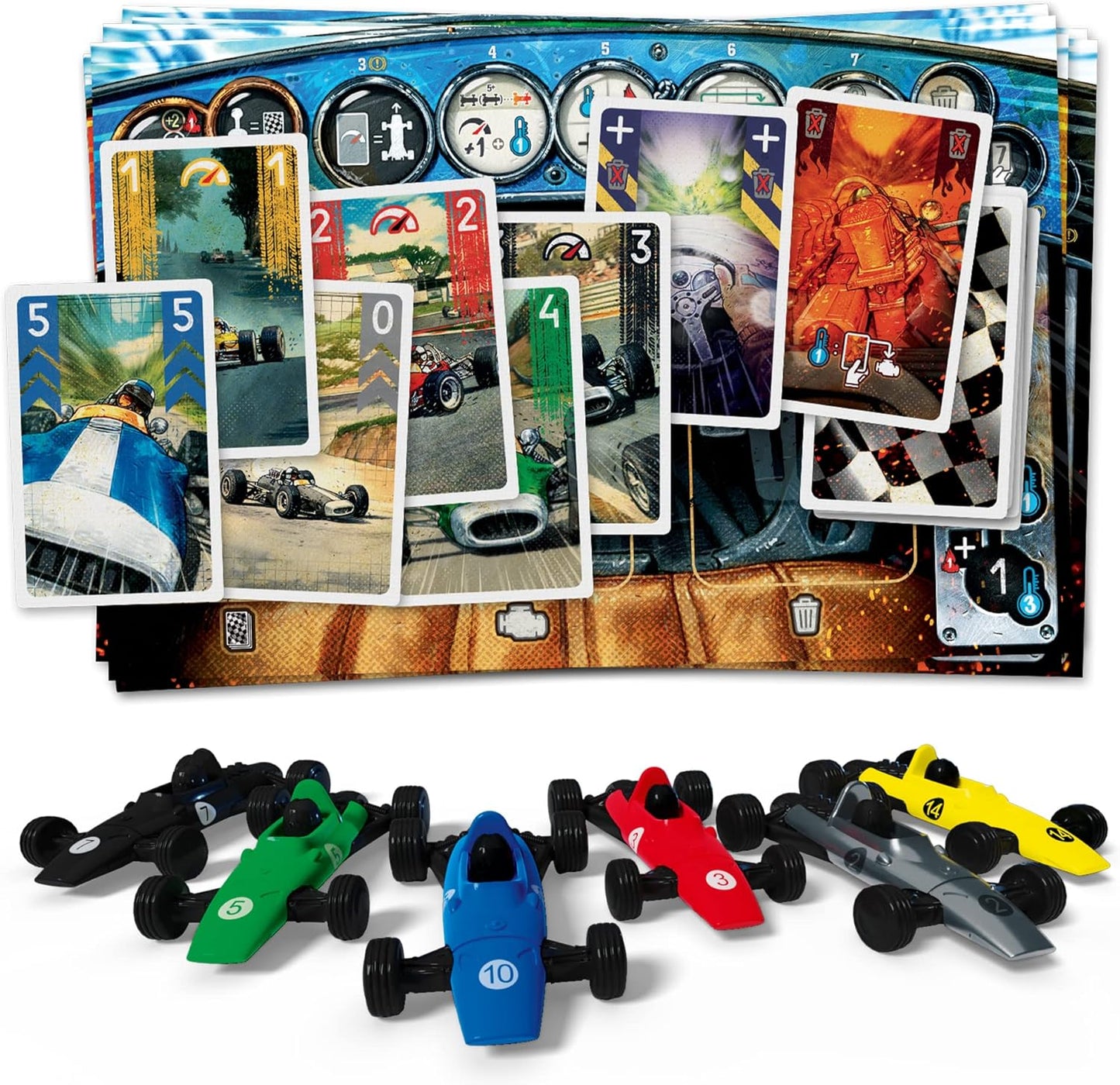 Board game components including cards and toy cars on a white background