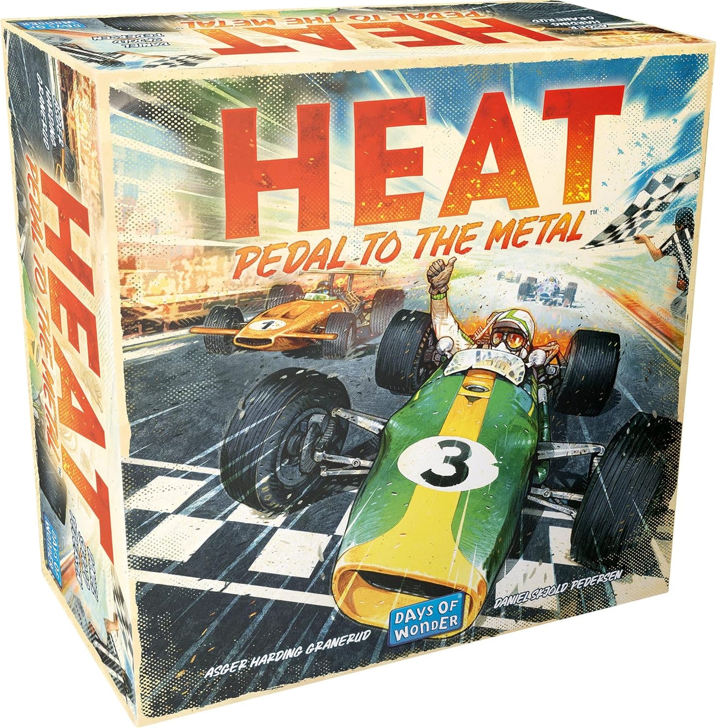 Board game box for 'Heat: Pedal to the Metal' by Days of Wonder with racing car illustration.