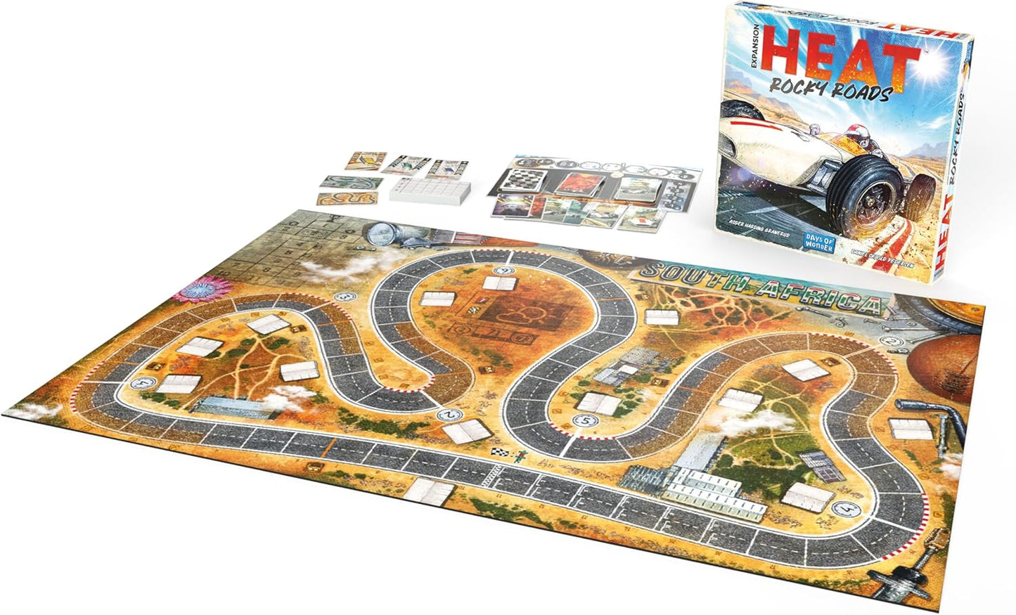 Board game with track layout and Heat Rocky Roads game box on a white background