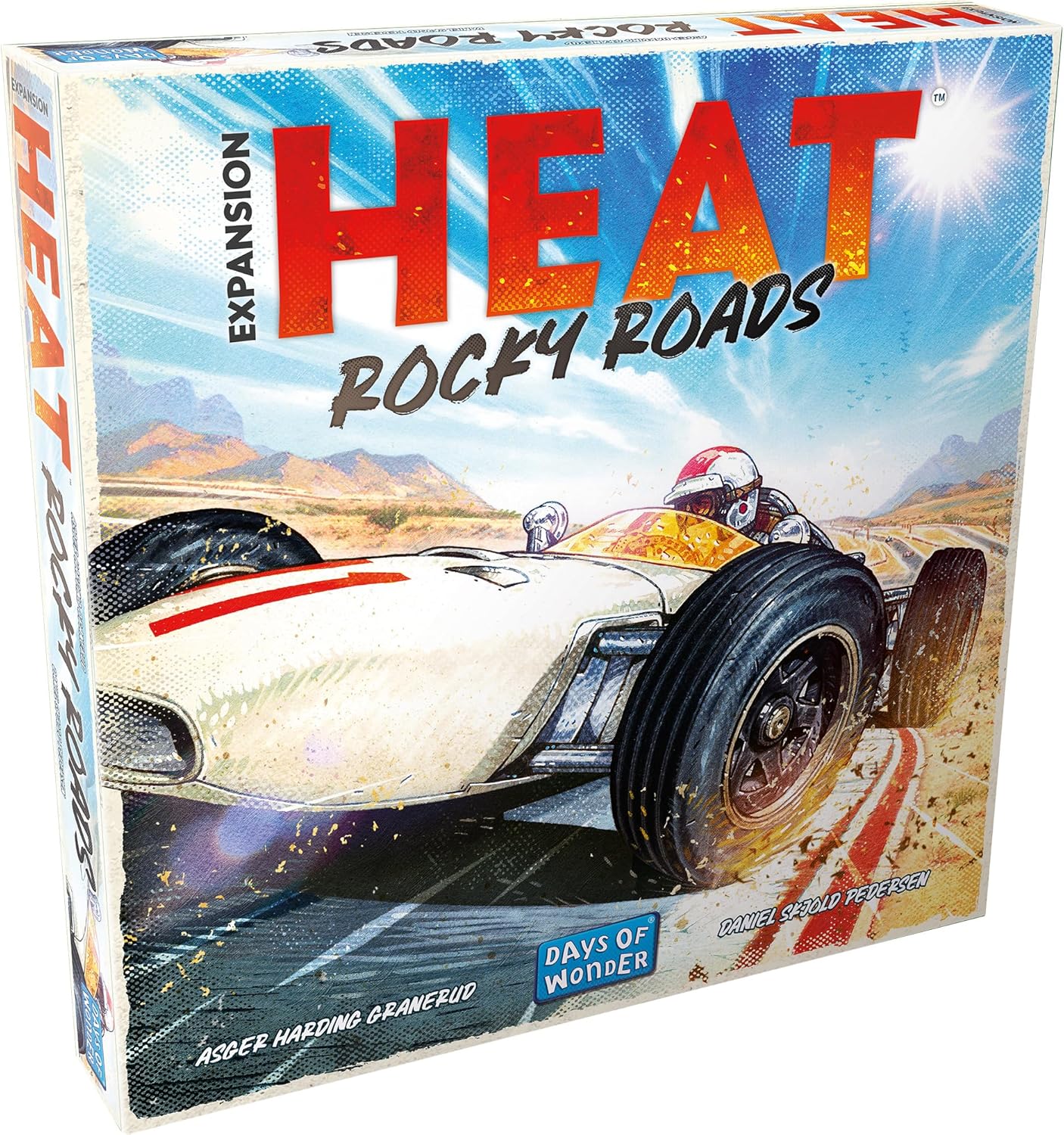 Board game expansion box titled 'HEAT Rocky Roads' with a racing car on a desert track.